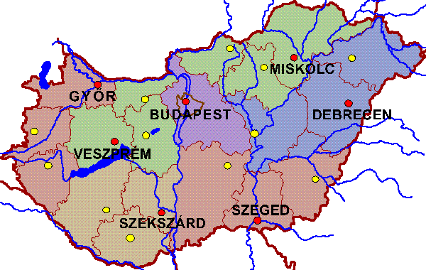 Az ÁNTSZ Sugáregészségügyi Decentrumok illetékességi területei